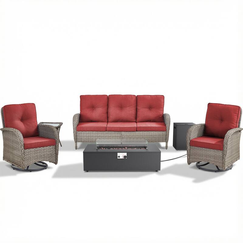 Pocassy Outdoor 5-Piece Sofa Swivel Chair with Fire Pit Table