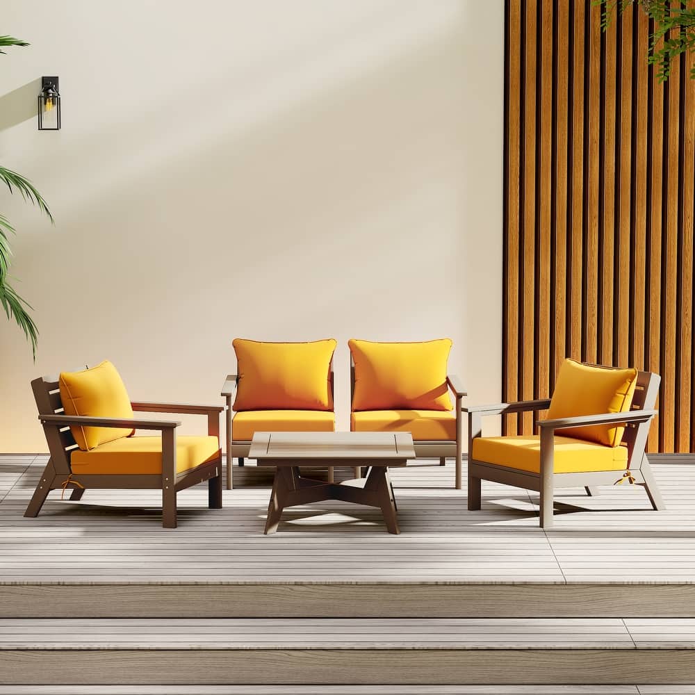 Birchwood All Weather HDPE Outdoor Patio Weathered Wood Deep Seating Conversation Set (5-Piece Set)