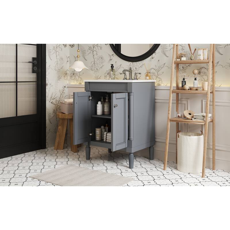 GDFStudio - Halston 2-Tier Modern Bathroom Storage Cabinet with Ceramic Sink and Large Storage Shelves - 24'W