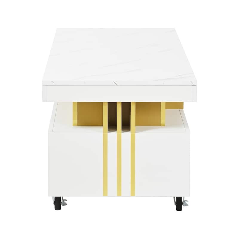 Modern Coffee Table Luxury Living Room Center Table with 2 Drawers and Casters, for Living Room, White