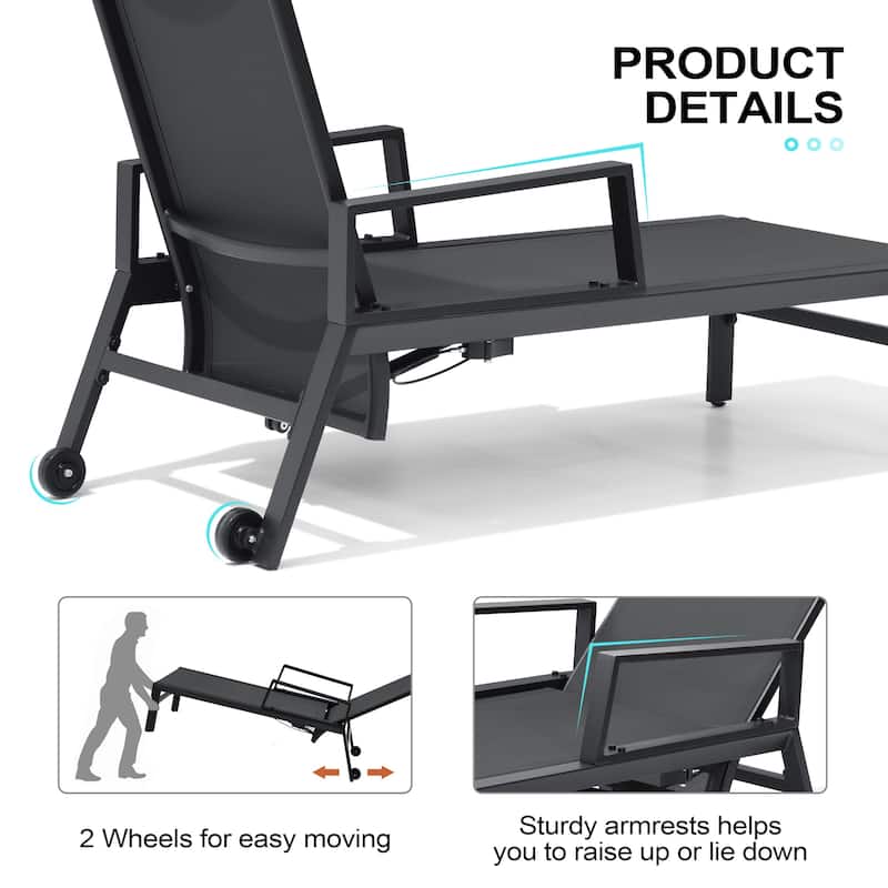 Outdoor Aluminum Patio Lounge Chair Set Side Table and Chaise Lounges with Wheels