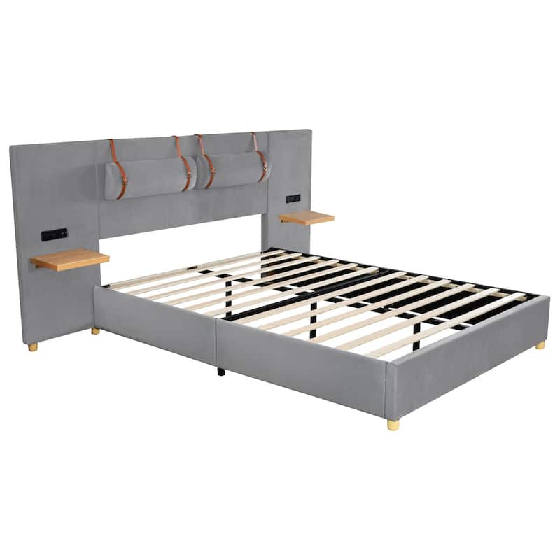 Full or Queen Size Velvet Upholstered Platform Bed with USB Charging