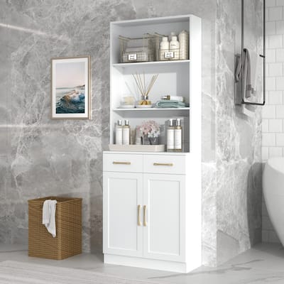 Tall Bathroom Storage Cabinet, Free Standing Linen Tower With 3-tier Open Storage Shelves, 2 Drawer And 2 Doors