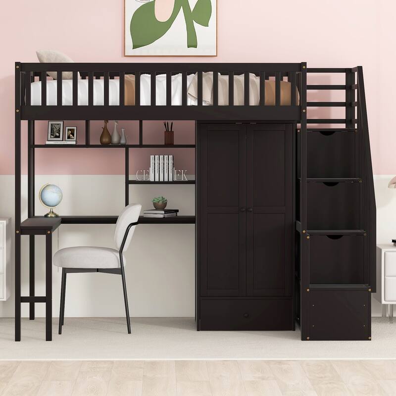 Loft Bed with Bookshelf,Drawers,Desk,and Wardrobe