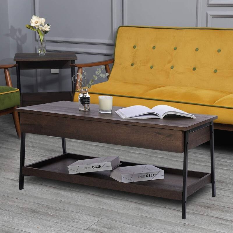 Caffoz Lift Top Coffee Table 2 Tier Wood Design with Hidden Compartment, Living Room Center Table with Extra Storage Space