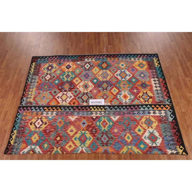 Multi-Color Geometric Kilim Area Rug Flatweave Wool Carpet - 8'5" x 9'6"