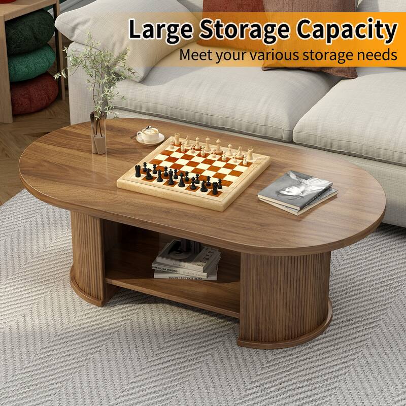47" Oval Fluted Coffee Table with Storage Shelf, Farmhouse Mid-Century Dual Base Center Table