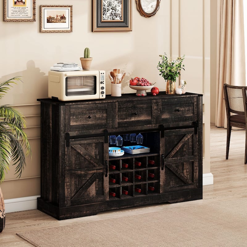 Gymax Wine Bar Cabinet w/LED Lights & Doors Coffee Station w/