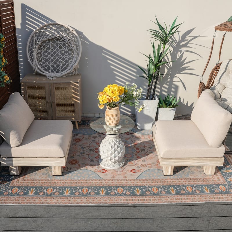 3-piece Aluminum Patio Sofa Set with Magnesium Oxide Glass Coffee Table - Armless sofa