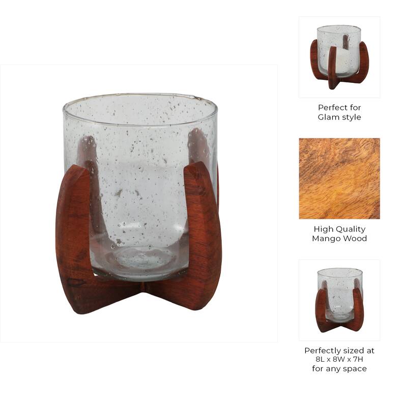 Textured Glass Pillar and Taper Candle Holder with Mango Wood Base