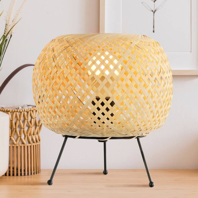 Chakrii 10.75" Bohemian Rustic Iron/Rattan LED Mini Table Lamp with Smart Bulb, Black/Brown by JONATHAN Y