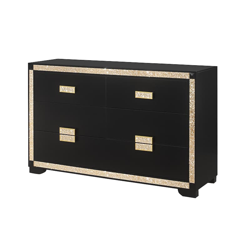 HomeRoots 62" Black And Gold Faux Crystal Bling Wood Six Drawer Double Dresser