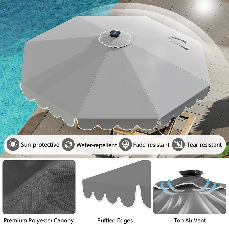 10 Feet Solar Patio Umbrella with LED Lights Push Button Tilt and Crank Handle for Backyard Deck