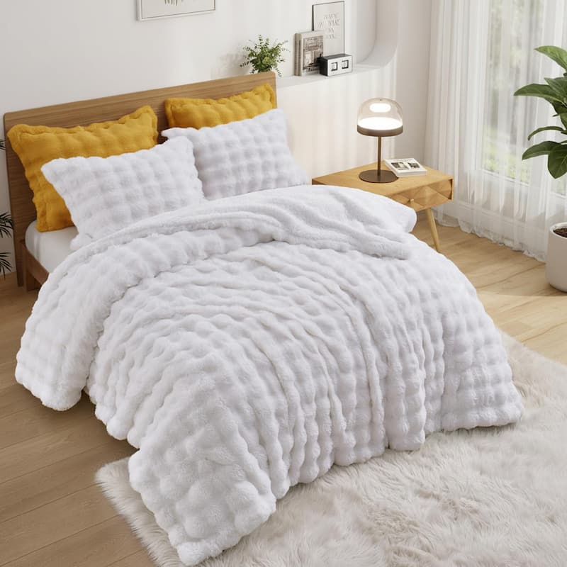 3 Pieces Fluffy Faux Rabbit Fur Comforter Set, Plush Fuzzy Bedding Set for Winter