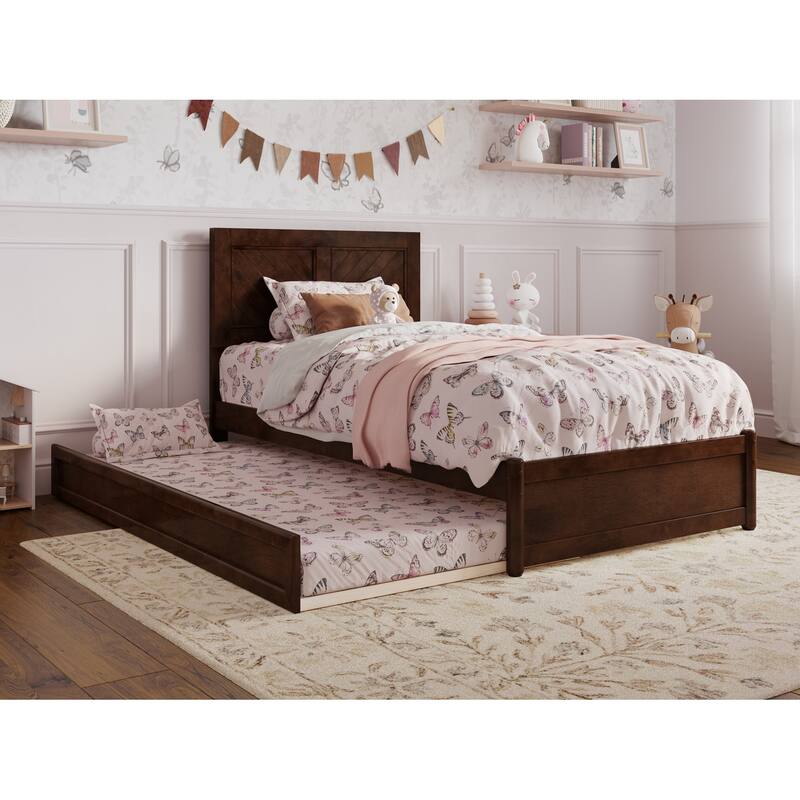 Twin Bed with Trundle, Panel Footboard, Hardwood Frame - Walnut Finish