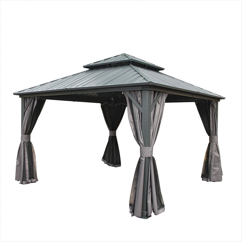 Domi Hardtop Gazebo with Double Roof and Curtains, Aluminum Frame