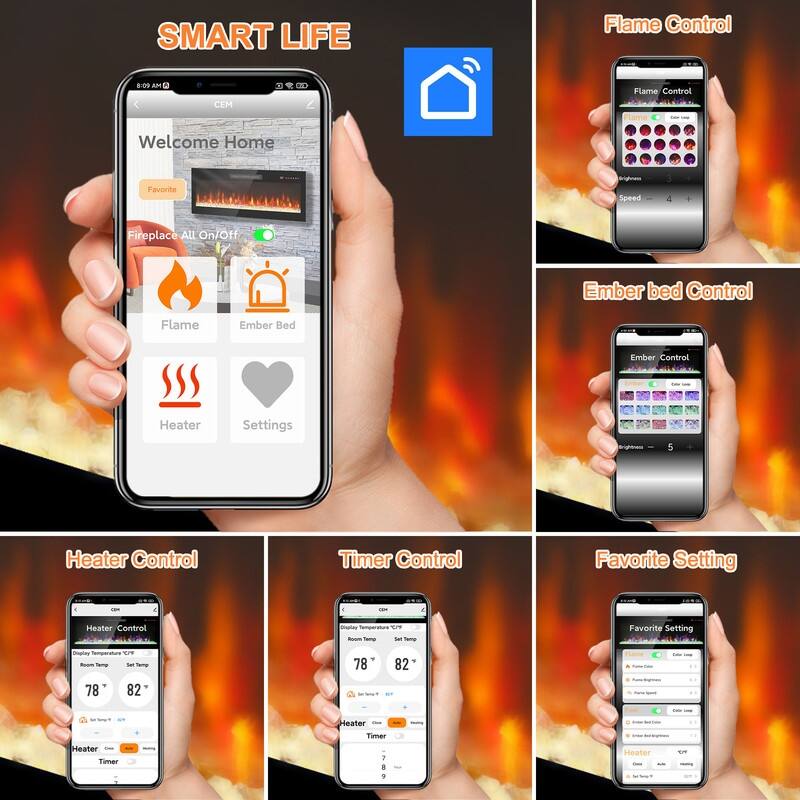 50/60 in. Smart WiFi-Enabled Wall Mount & Recessed Electric Fireplace Heaters in Black, 1400W/5000BTU