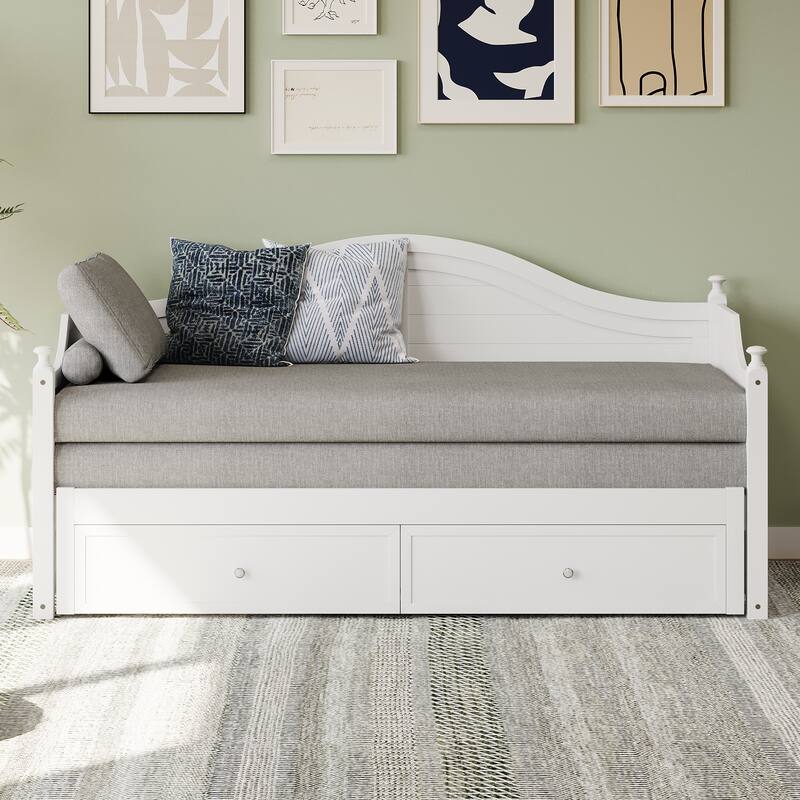 Wooden Daybed with 2 Storage Drawers, Twin Size Storage Platform Bed - Twin Size Extendable Day-bed Pop-up Trundle Bed, Sofa Bed
