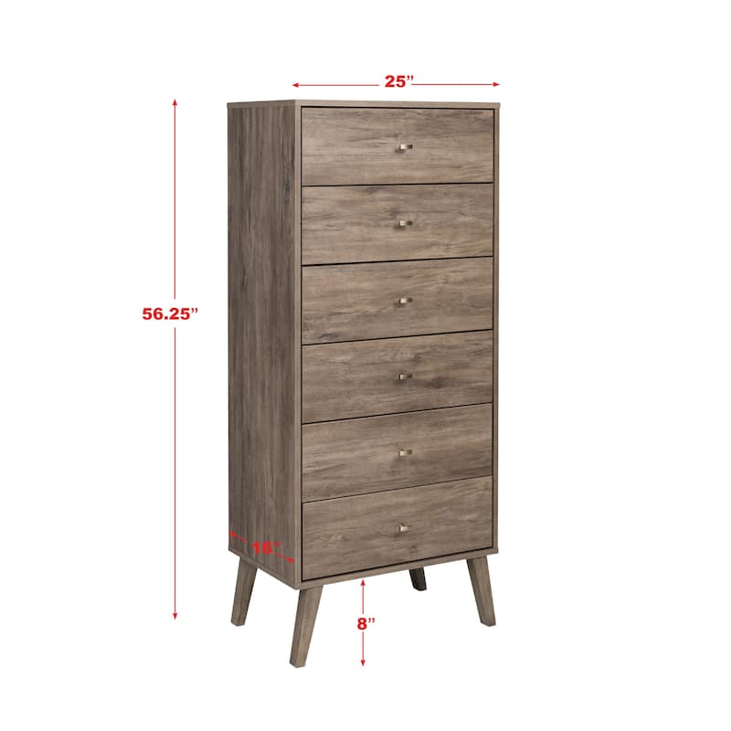 Prepac Milo Mid-Century Modern 6 Drawer Dresser, Tall Chest of Drawers, Retro Bedroom Furniture, Lingerie Dresser