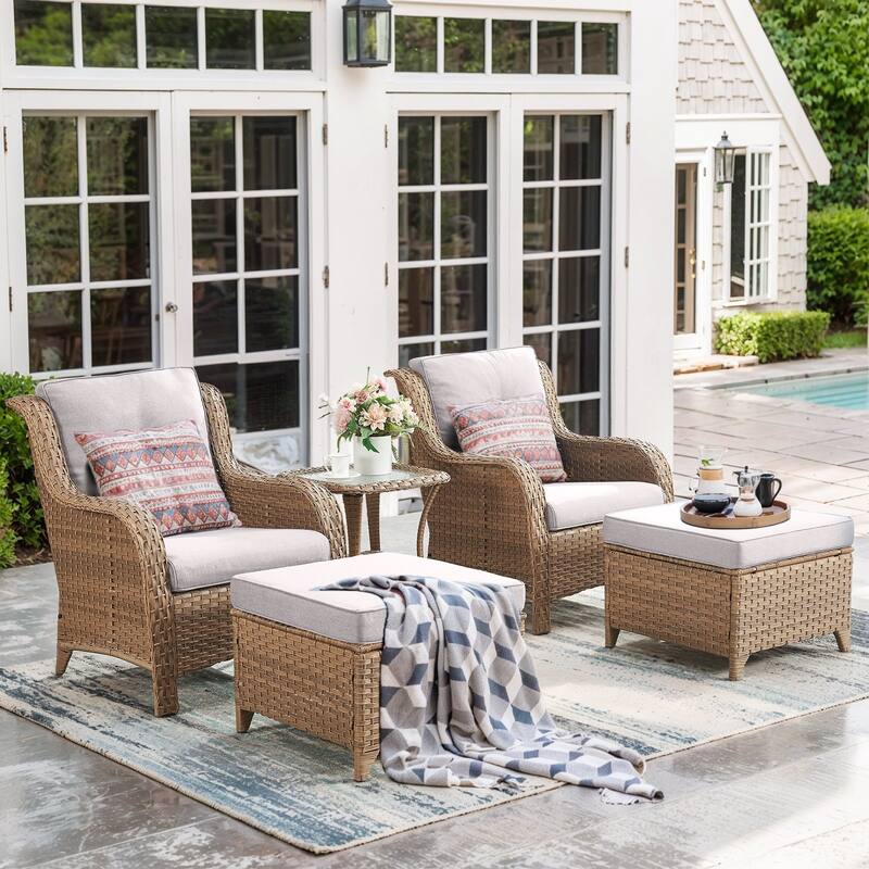 Outdoor Rattan Chair with Coffee Table and Ottoman - 5PCS - Patio Chair w/ Ottoman Table - Yellow Rattan - Beige Cushion