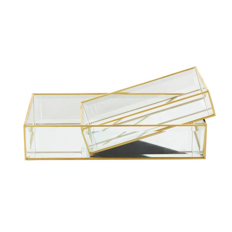 Clear Glass Beveled Decorative Jewelry Box with Gold Metal Frame (Set of 2)