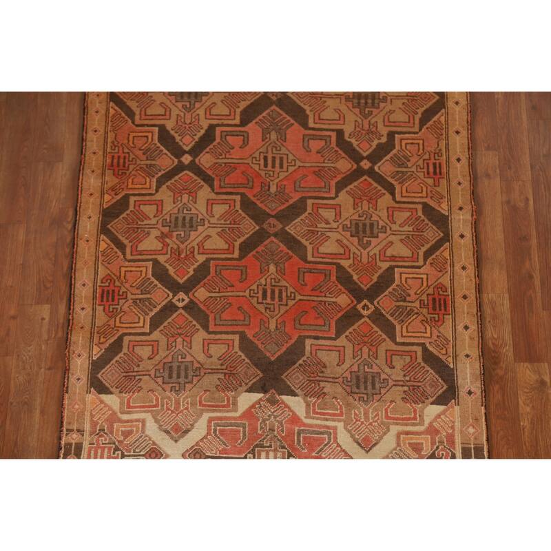Brown Tribal Ardebil Persian Vintage Runner Rug Handmade Wool Carpet - 3'7"x 9'6"