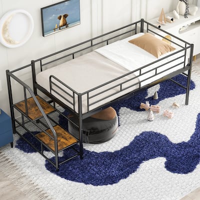 Twin Size Loft Bed with Play and Storage Spaces Underneath, Metal Bed Frame with Storage stairs and Guardrail for Bedroom
