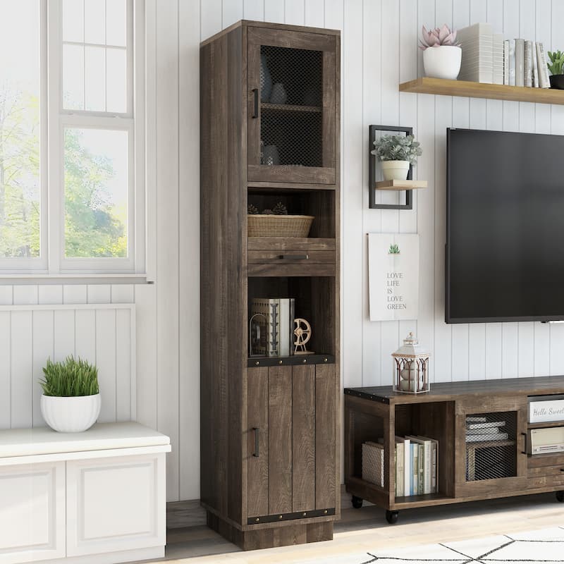 Hury Farmhouse Walnut Multi-Storage TV Tower by Furniture of America