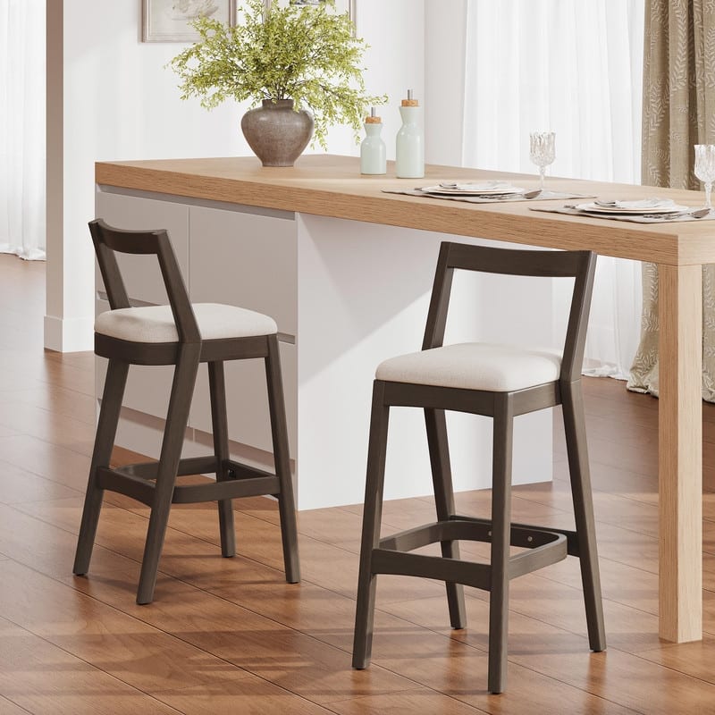Jasper Indoor Rubberwood Bar Stools with Beige Upholstery and Dark Brown Finish, Set of 2