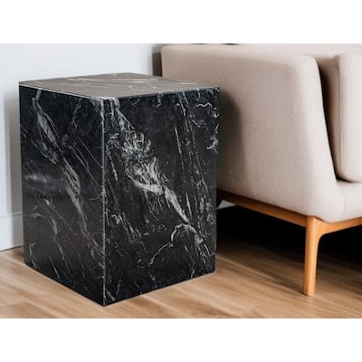 20 Inch Black Marble Square End Table with Solid Wood Base - 15” x 15” x 20”