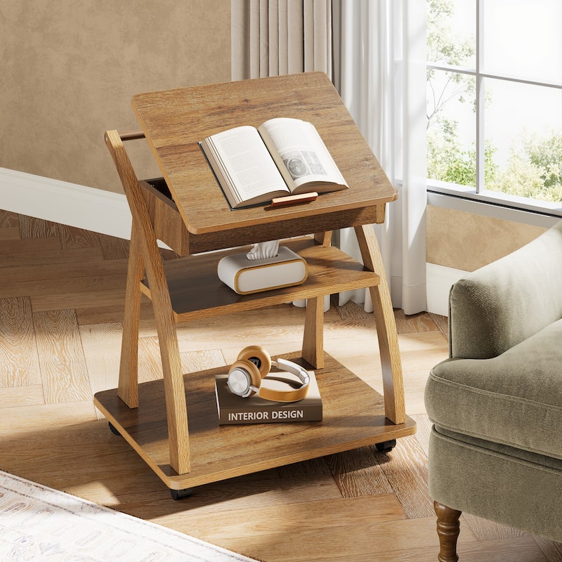 Side Table with Wheels, 3-Tier End Table with Adjustable Tabletop - Brown+Black