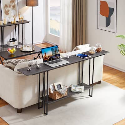 Console Table with Outlets for Entryway, Sofa Table with Wood Shelves, Industrial Entryway Table Foyer Table