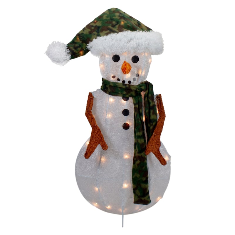 24" Lighted White and Green Chenille Snowman Outdoor Christmas Decoration