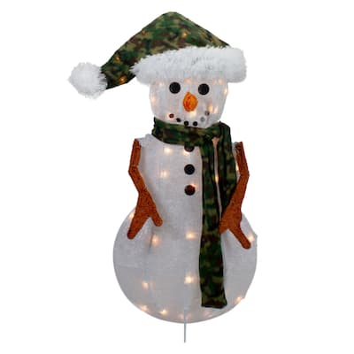 24" Lighted White and Green Chenille Snowman Outdoor Christmas Decoration