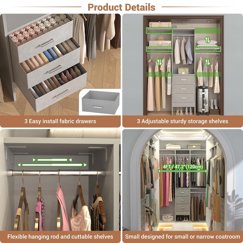4FT Kid's Closet Syatem with Fabric Drawers for Small Closet, Closet Organizer for Walk-in/ Reach-in Closet