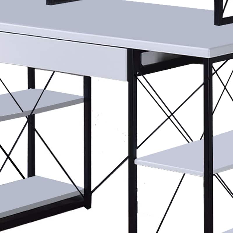 Industrial Style Desk with 4 Open Selves and Bookcase Hutch, White