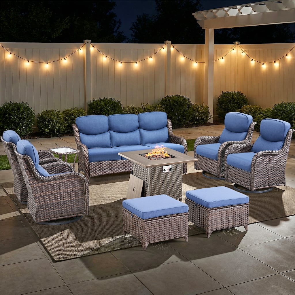 Pocassy Outdoor Propane Fire Table w/ Sofa Swivel Chair Ottoman Funiture Set.