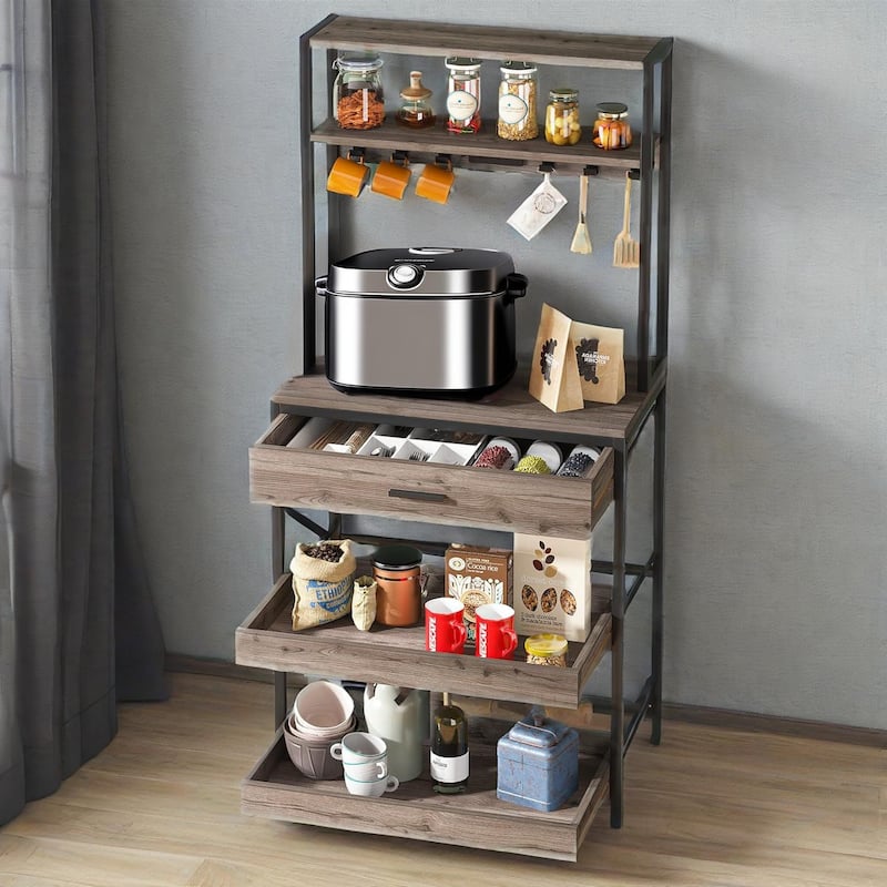 5-Tier Kitchen Bakers Rack with Power Outlets USB Ports, Metal Frame & Particleboard Shelves, Pull-Out Drawer