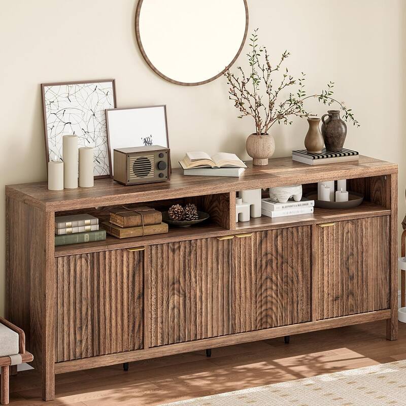 65.8 Inch Fluted Sideboard Buffet Cabinet with 4 Doors, Morden Kitchen Storage Cabinet with Fluted Door