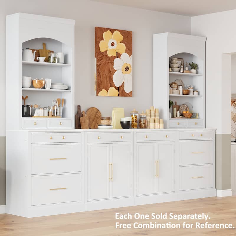 Roomfitters Modern Freestanding Kitchen Pantry, Buffet and Coffee Bar Cabinet with Adjustable Shelves, White