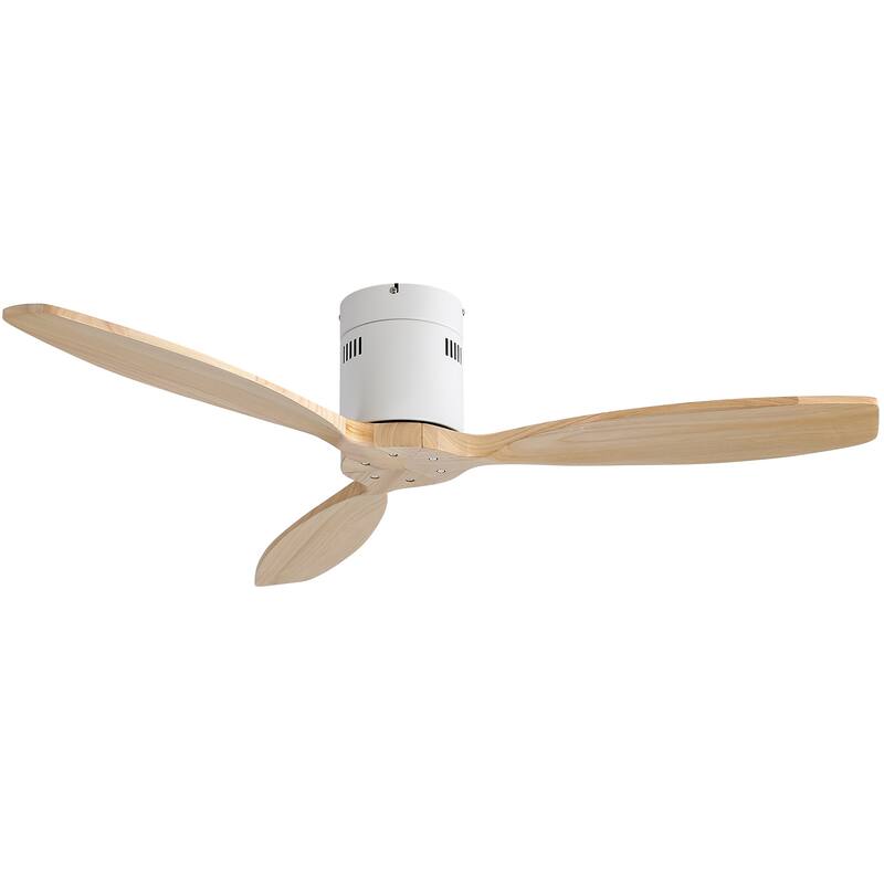 Sofucor 52inch Solid Wood Ceiling Fan with Lights and Remote,Flush Mount Quiet Reversible DC Motor,Smart Control Optional - no light - White with Natural Solid wood Blades