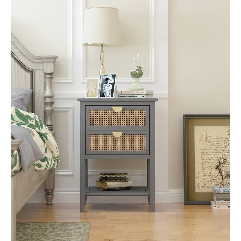 2-Drawer Nightstand Bed Side Table with Storage Cabinet End Table shelf Wood Side Table - Grey