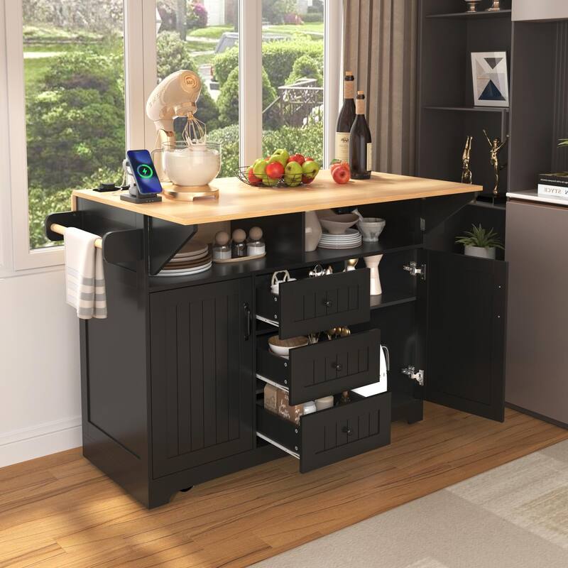 55.7" Kitchen Island with Drop Leaves, Rolling Cart with Power Outlet, Spice Rack, and 3 Drawers - Black