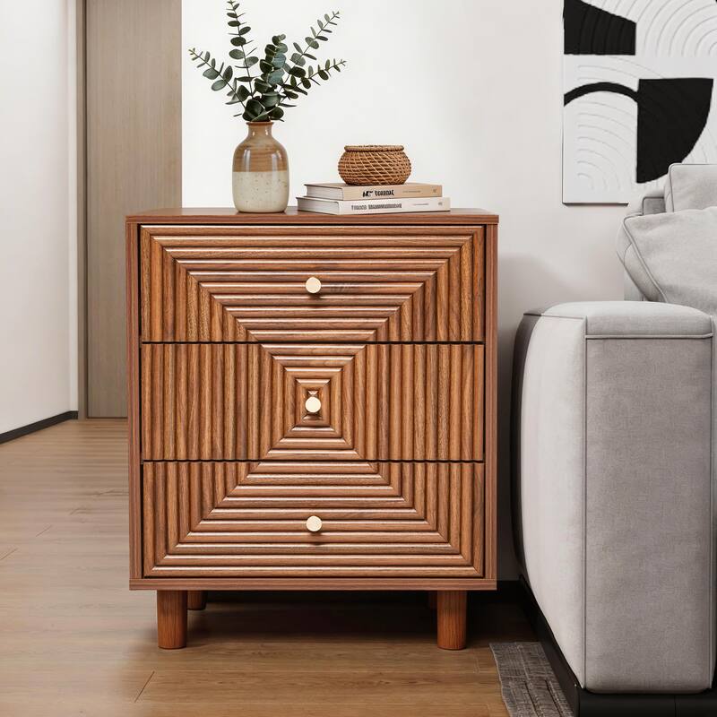 Brown 3-Drawer Nightstand with Solid Wood Legs