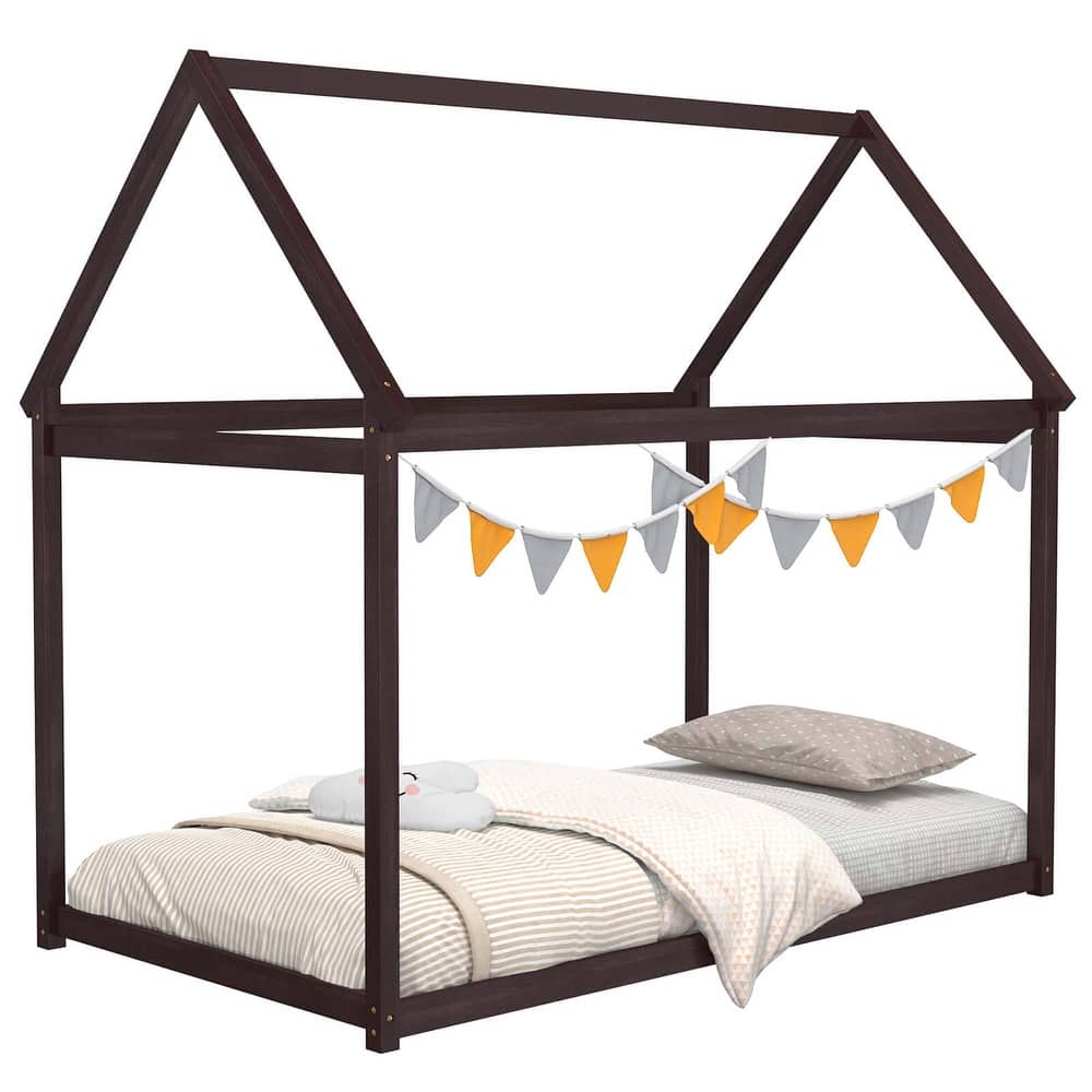 Costway Twin House Bed Wood Frame w/ Roof for Kids Toddler No Box