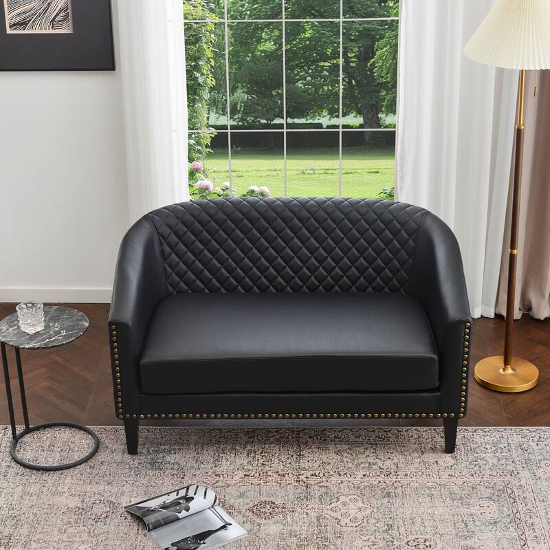 KINWELL 50"W Tufted Faux Leather Upholstered Small Loveseat Sofa