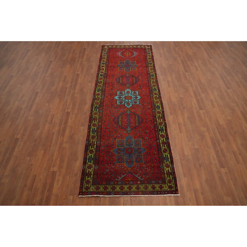 Hand Knotted Oriental 100% Wool Carpet Traditional Geometric Red Heriz Runner Rug - 11' 2'' X 3' 10''