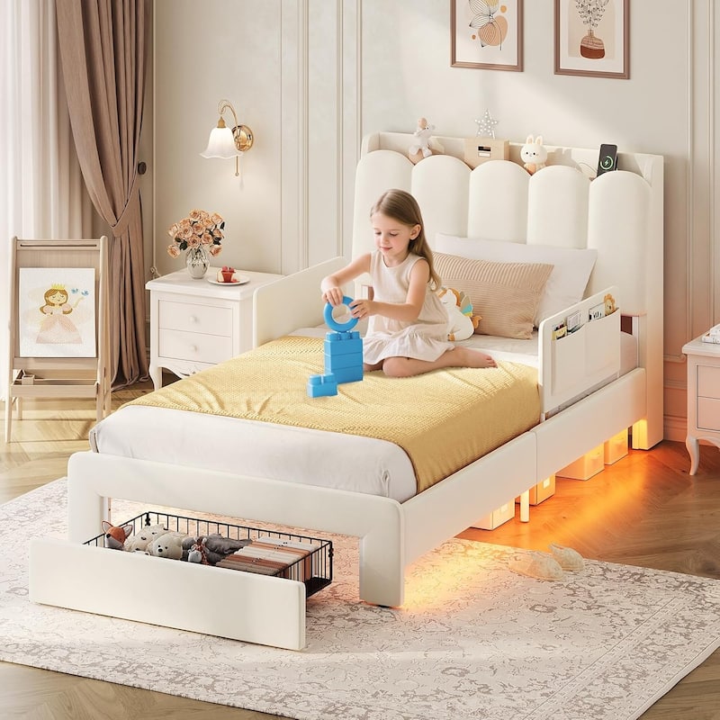 LED Bed Frame Storage DrawerSafety Guardrails Velvet Princess Platform Bed Kids - Beige - Twin