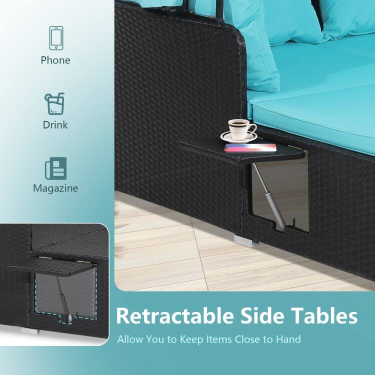Outdoor Patio Daybed with Canopy and Foldable Side Trays - 65" x 60.5 x 58.5"