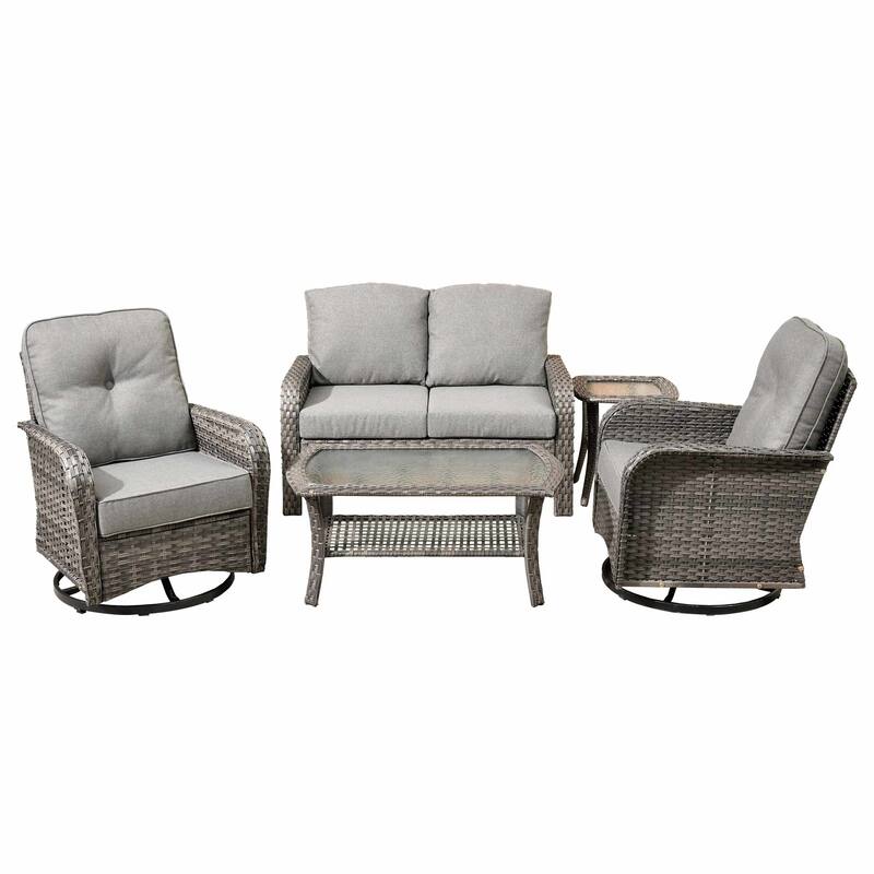 HOOOWOOO 5-piece Grey Wicker Furniture Chat Set Patio Conversation Set with Swivel Chair